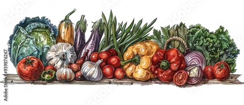 Organic food illustration. Farmers market design elements. Hand drawn sketch. Various food frame  photo