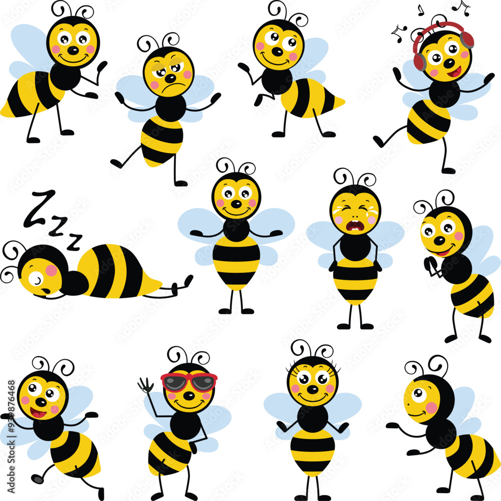 Set digital collage of cute bee in different positions and expression Set digital collage of cute bee in different positions and expression