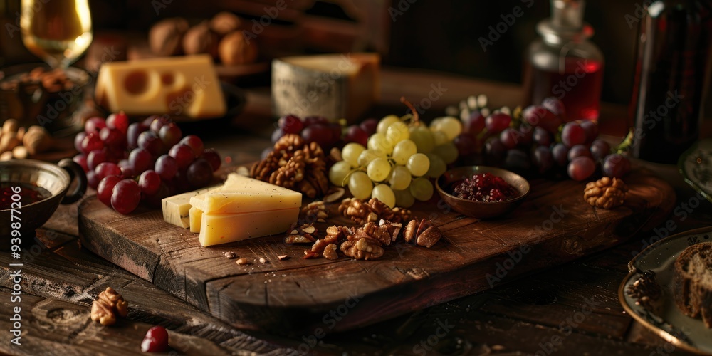 Cheese Platter Featuring Imeretian and Smoked Suluguni, Accompanied by Grapes and Nuts on a Wooden Board, Celebrating Traditional Cuisine, No People Present Cheese Platter Featuring Imeretian and Smoked Suluguni, Accompanied by Grapes and Nuts on a Wooden Board, Celebrating Traditional Cuisine, No People Present
