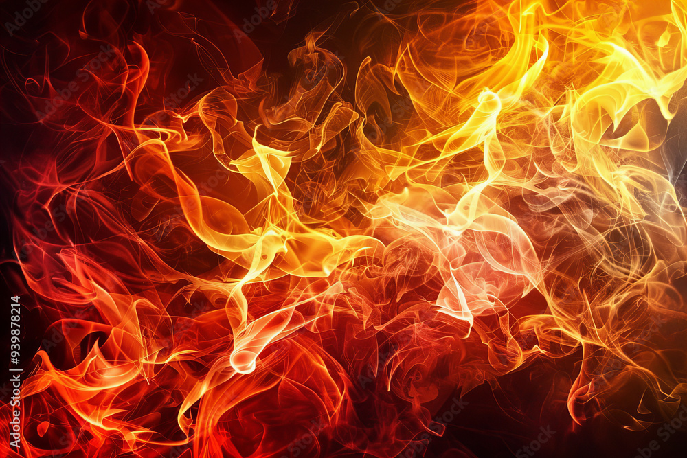 Fototapeta premium Vibrant fiery smoke abstract background, glowing inferno flames with dynamic orange and red colors, swirling smoke textures for dramatic visual effects, perfect for creative designs, fire-themed