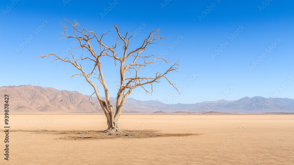 A solitary dead tree stands in an expansive, arid desert with distant mountains and a clear blue sky, desolation and resilience A solitary dead tree stands in an expansive, arid desert with distant mountains and a clear blue sky, desolation and resilience