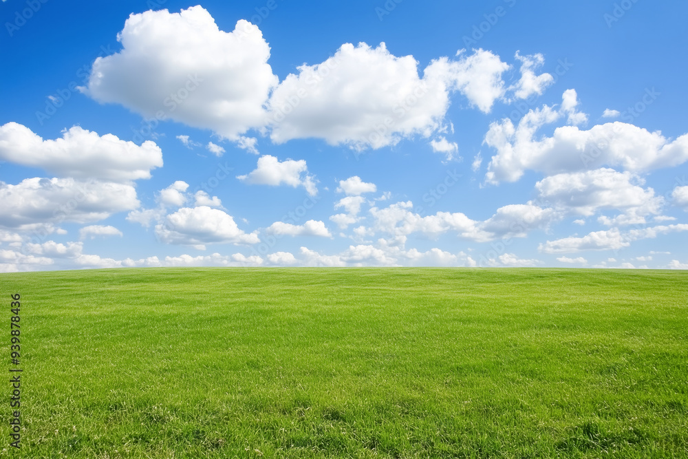 A vast green grassy field stretching toward the horizon under a bright blue sky filled with fluffy white clouds, open space and tranquility A vast green grassy field stretching toward the horizon under a bright blue sky filled with fluffy white clouds, open space and tranquility