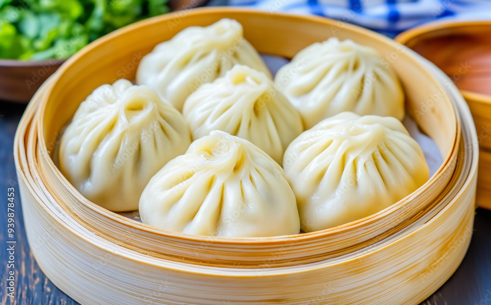 Close-up of freshly steamed dumplings served in a traditional bamboo basket, Asian cuisine Close-up of freshly steamed dumplings served in a traditional bamboo basket, Asian cuisine