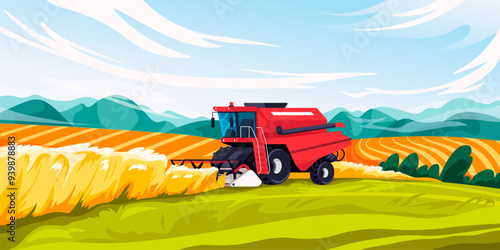Combine field landscape. Harvesting scene, agriculture harvester machine in village wheat cartoon farmland rural background, farm harvest agro technology recent vector illustration