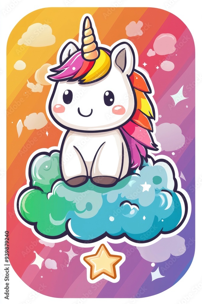 Naklejka premium Cute Cartoon Unicorn on a Cloud with Rainbow Background