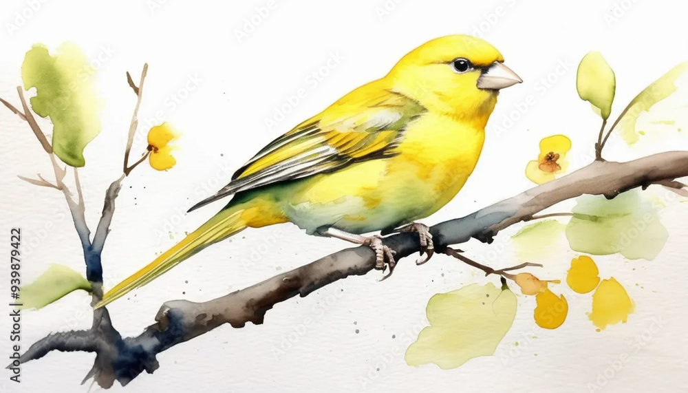 Watercolor painting of canary on a branch, ai Watercolor painting of canary on a branch, ai