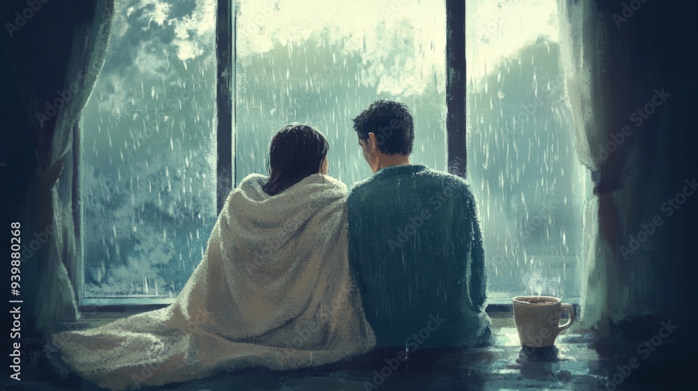 Couple wrapped together in a light, creamy blanket, sitting by a large window, each holding a cup of coffee. They sit quietly, watching the soft rain fall outside on a cloudy, overcast day. Couple wrapped together in a light, creamy blanket, sitting by a large window, each holding a cup of coffee. They sit quietly, watching the soft rain fall outside on a cloudy, overcast day.