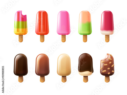 3d popsicles. Ice lolly or icecream on stick colorful popsicles fruit juice or chocolate cream, cool frozen lollipop summer candy food, realistic render exact vector illustration