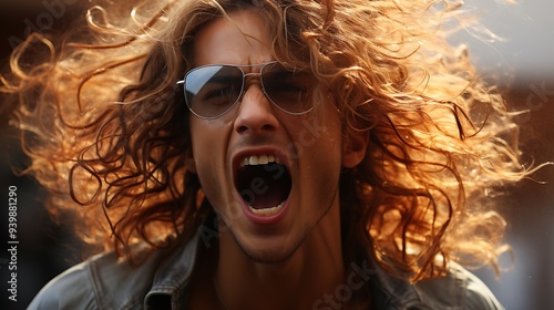 A person with disheveled hair and wild expression, shouting loudly against a stark white background photo