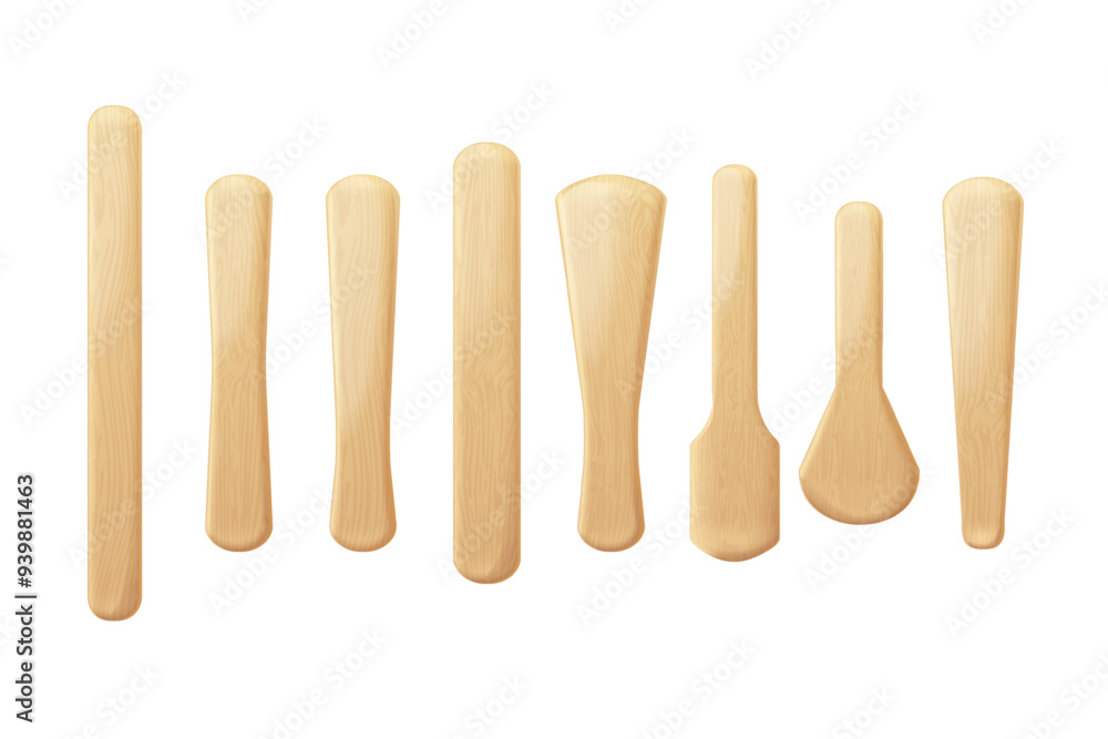 Realistic popsicle sticks. 3d popsicles wooden stick different form, craft ice cream tongue wood texture lolly hand stickes pop sticked frozen dessert, exact vector illustration Realistic popsicle sticks. 3d popsicles wooden stick different form, craft ice cream tongue wood texture lolly hand stickes pop sticked frozen dessert, exact vector illustration