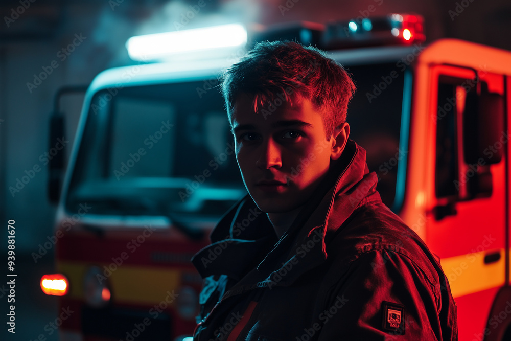 Young firefighter standing in front of a fire truck at night with emergency lights on Young firefighter standing in front of a fire truck at night with emergency lights on