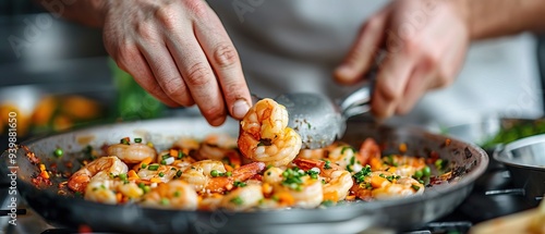 Seafood, Professional cook prepares shrimps with sprigg beans 