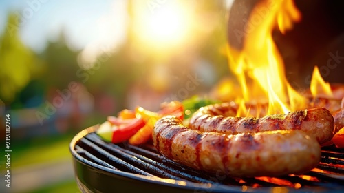 Sizzling BBQ Delight: Flames Dancing on Grill with Tasty Sausages and Fresh Veggies, Outdoor Cooking Scene with Copy Space