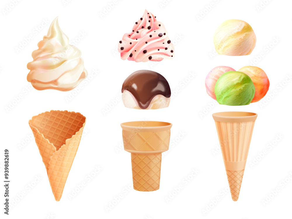 Ice cream constructor. Soft icecream ball creating kit shop, frozen milk sweets toppings scoop waffle cone cup sorbet yogurt chocolate vanilla flavors, exact vector illustration Ice cream constructor. Soft icecream ball creating kit shop, frozen milk sweets toppings scoop waffle cone cup sorbet yogurt chocolate vanilla flavors, exact vector illustration