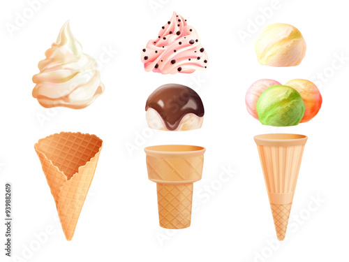 Ice cream constructor. Soft icecream ball creating kit shop, frozen milk sweets toppings scoop waffle cone cup sorbet yogurt chocolate vanilla flavors, exact vector illustration