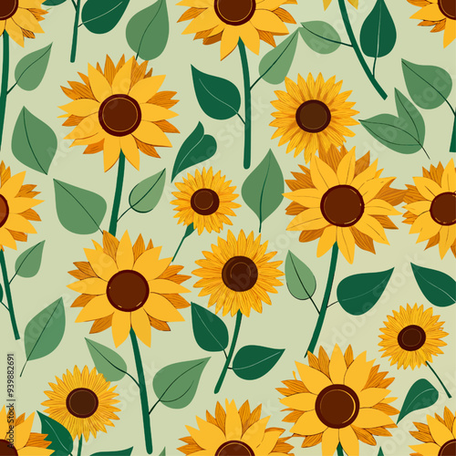 A seamless sunflower floral pattern with vibrant yellow blossoms and green leaves, evoking the warmth of summer and the beauty of a sunny garden in full bloom