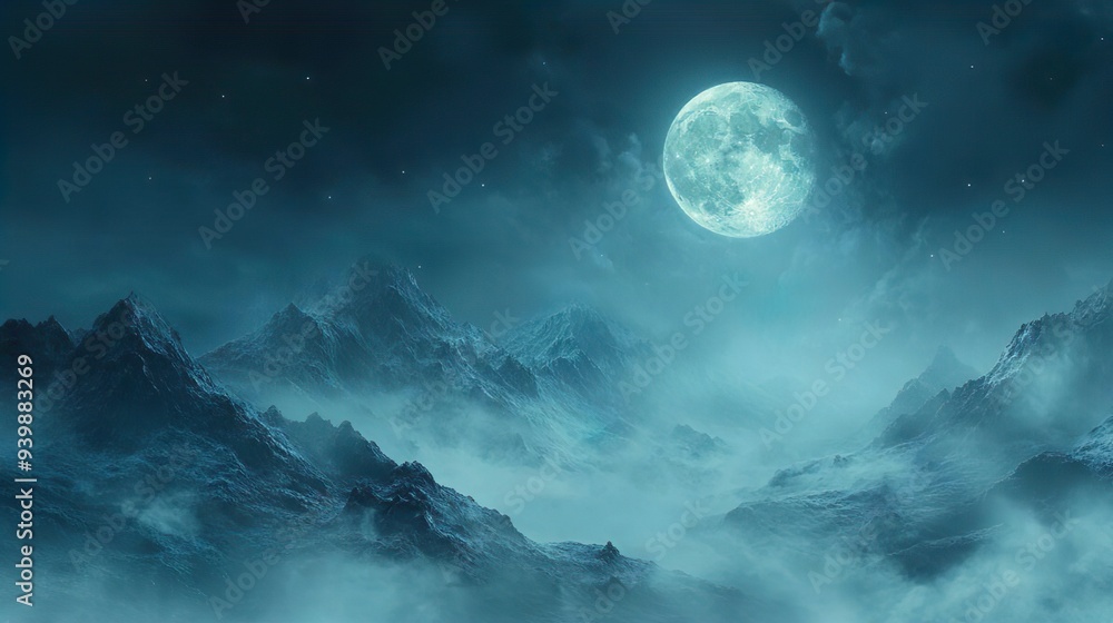Fog-covered mountain range with a full moon perfect for mysterious and atmospheric wallpaper styles Fog-covered mountain range with a full moon perfect for mysterious and atmospheric wallpaper styles