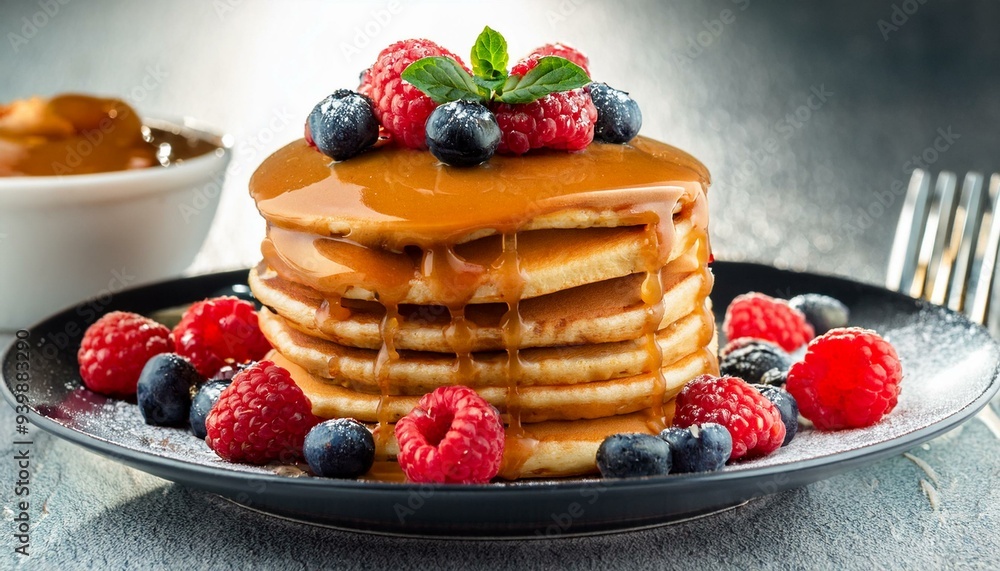 Pancakes with Caramel Syrup and berries. Raspberries Blueberries Pancakes with Caramel Syrup and berries. Raspberries Blueberries