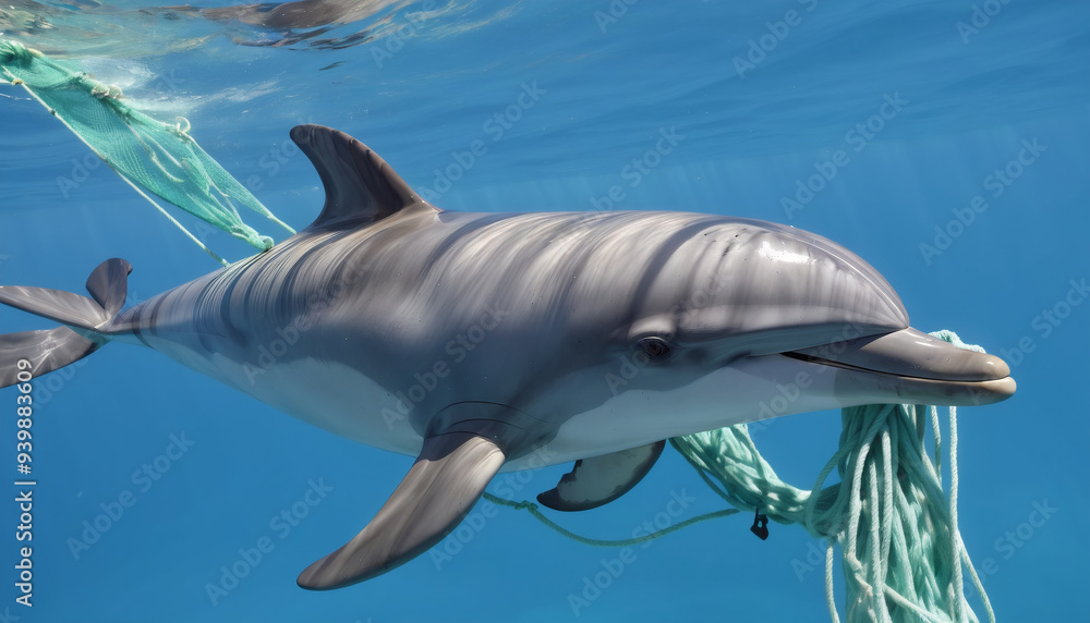 Fototapeta premium Depiction of a dolphin, as an endangered marine mammal, entangled in an ownerless fishing net or as by-catch of industrial fishing