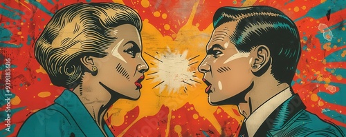 Fiery debate with speakers, Pop Art, Bright, Illustration, Highlighting intense discussion
