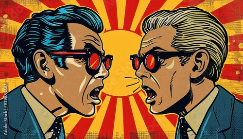 Fiery debate with speakers, Pop Art, Bright, Illustration, Highlighting intense discussion