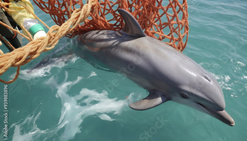 Depiction of a dolphin, as an endangered marine mammal, entangled in an ownerless fishing net or as by-catch of industrial fishing photo