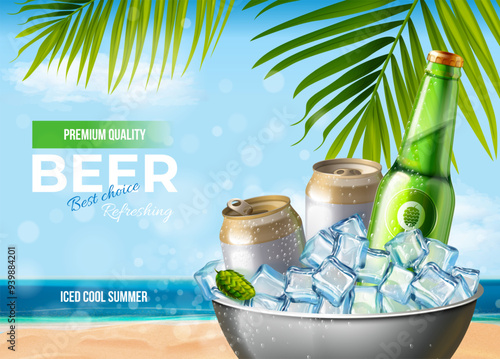 Ice beer can. Frozen alcohol soda beverage aluminium cans with iced cubes in bucket, refreshment drink branding product packaging advertising realistic 3d exact vector illustration