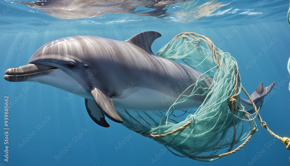 Obraz premium Depiction of a dolphin, as an endangered marine mammal, entangled in an ownerless fishing net or as by-catch of industrial fishing