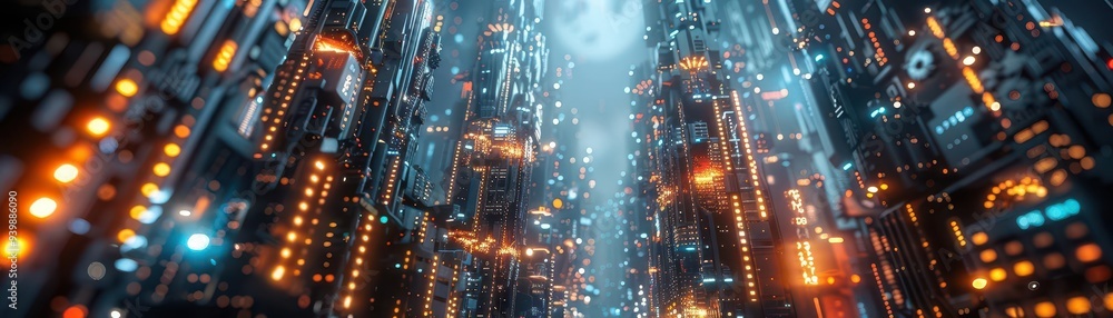 Fototapeta premium Futuristic cityscape with advanced tech, Cyberpunk, Bright, Digital, Highlighting innovation