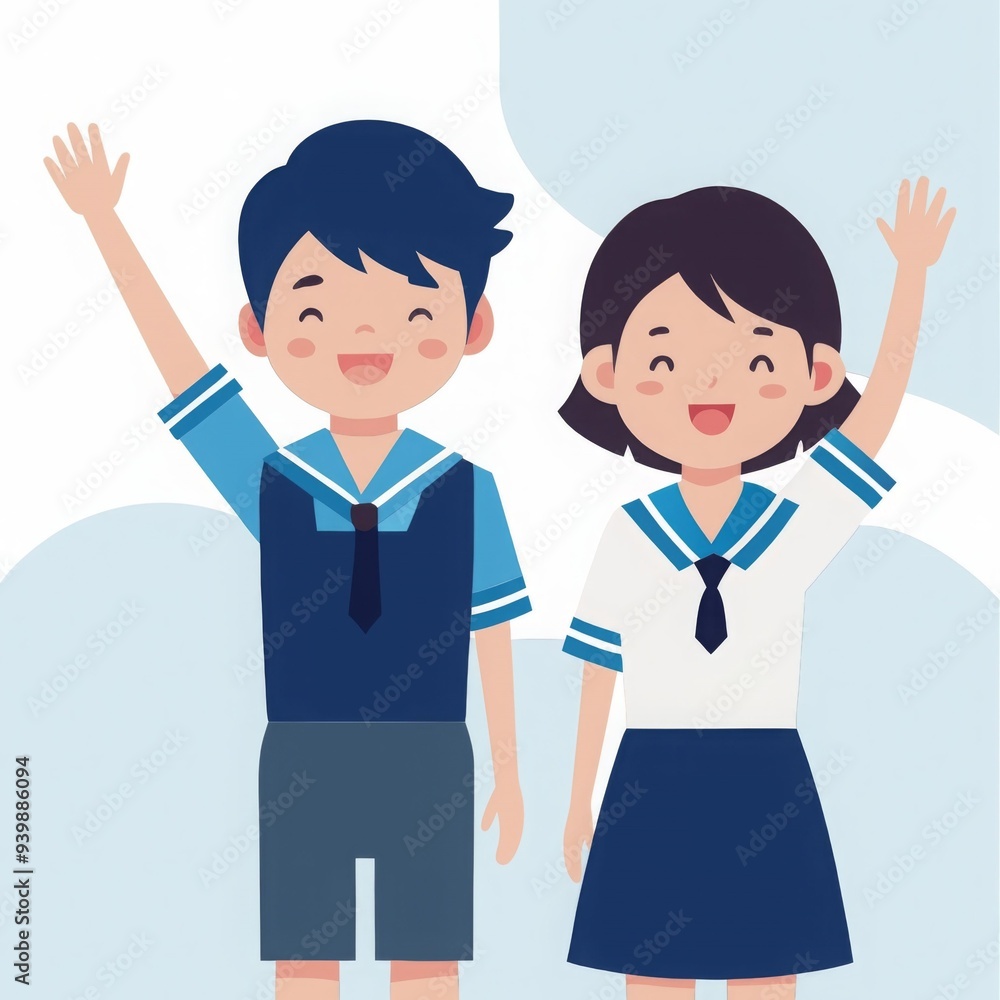 A boy and girl are standing next to each other, both wearing school uniforms A boy and girl are standing next to each other, both wearing school uniforms