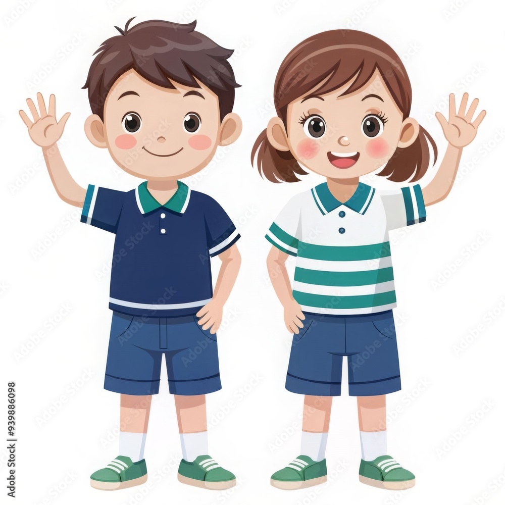 A boy and a girl are standing next to each other and waving A boy and a girl are standing next to each other and waving