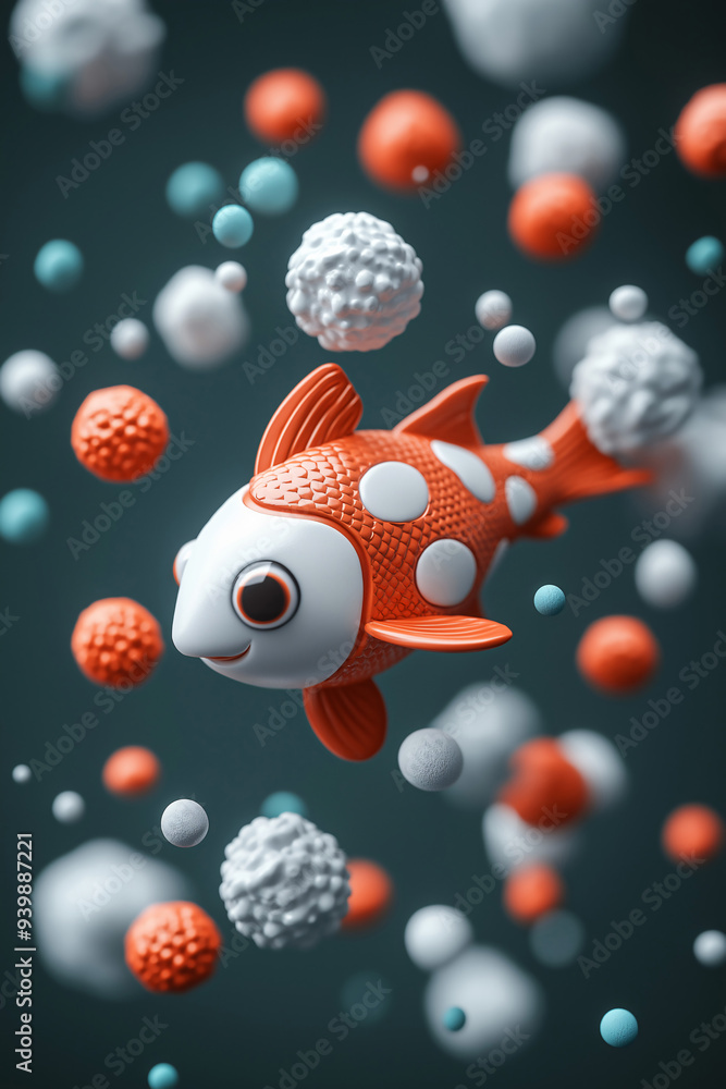 A playful orange and white fish glides through a sea of colorful spheres, creating a dynamic and lively atmosphere filled with visual interest A playful orange and white fish glides through a sea of colorful spheres, creating a dynamic and lively atmosphere filled with visual interest