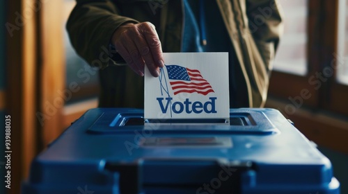 A close-up of a voter inserting their ballot into a ballot box on Election Day, with a 