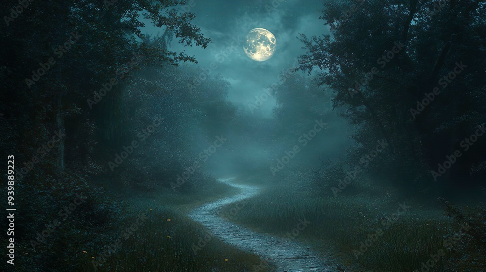 Fototapeta premium Eerie forest illuminated by moonlight with a winding path perfect for atmospheric and haunting backgrounds