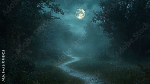 Eerie forest illuminated by moonlight with a winding path perfect for atmospheric and haunting backgrounds