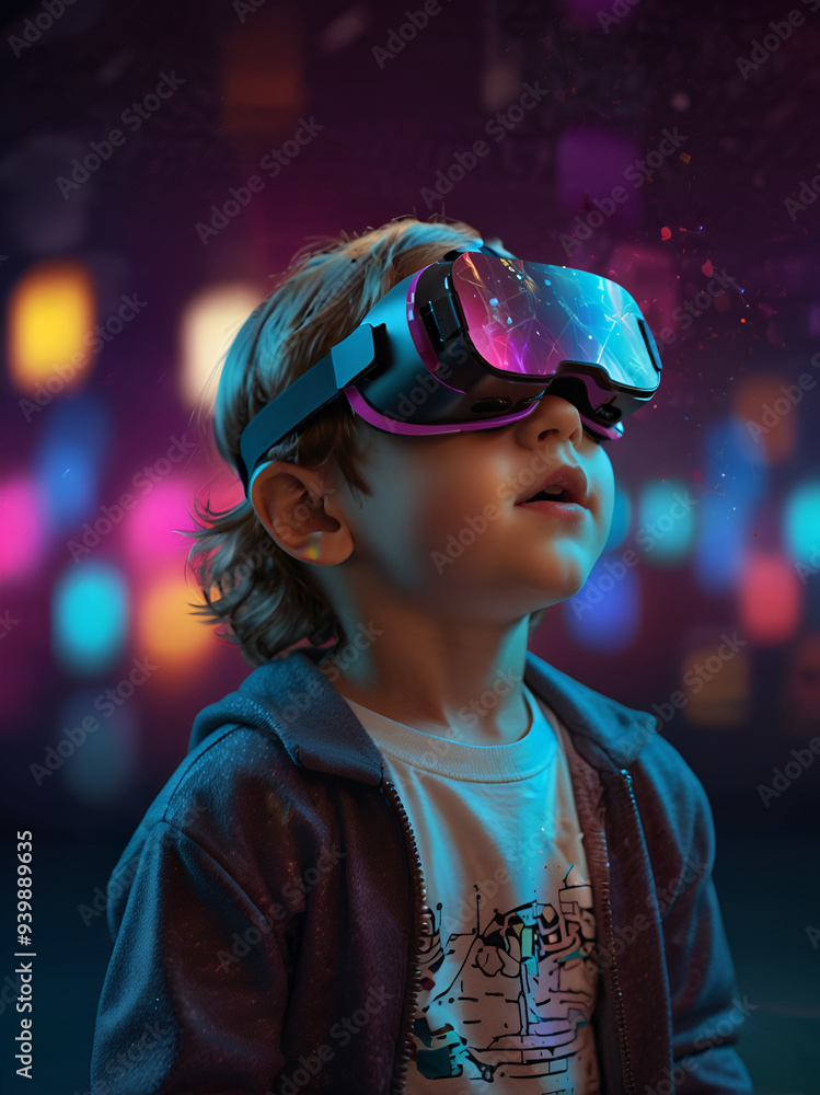 A child wearing VR goggles, immersed in a colorful futuristic world. A child wearing VR goggles, immersed in a colorful futuristic world.