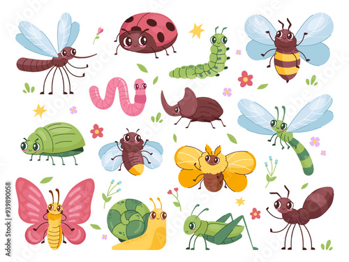 Cartoon insect characters. Children cute bug funny insects mascot, happy beetle garden pest antennae ant bee dragonfly mosquito fly bugs wildlife set, swanky vector illustration