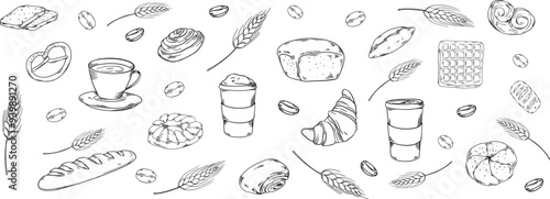 Bakery hadpainted illustrations set banner black and white beige coffee, buns, beans, bread, cappuccino, cup, croissant, bread, waffle, baguette, cafe, morning breakfast pastry, wheat ears, rye