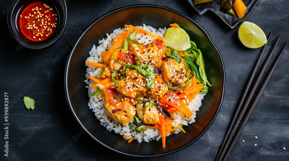 This dish features tender stir-fried chicken mixed with vibrant vegetables, served over fluffy rice, and garnished with fresh lime and sesame seeds for added flavor This dish features tender stir-fried chicken mixed with vibrant vegetables, served over fluffy rice, and garnished with fresh lime and sesame seeds for added flavor
