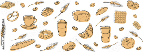 Bakery hadpainted illustrations set banner black and white beige coffee, buns, beans, bread, cappuccino, cup, croissant, bread, waffle, baguette, cafe, morning breakfast pastry, wheat ears, rye