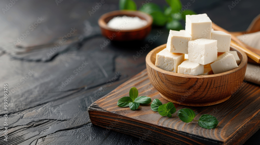 Wooden bowl filled with fresh tofu cubes, placed on a dark wooden surface with green herbs as garnish. Wooden bowl filled with fresh tofu cubes, placed on a dark wooden surface with green herbs as garnish.