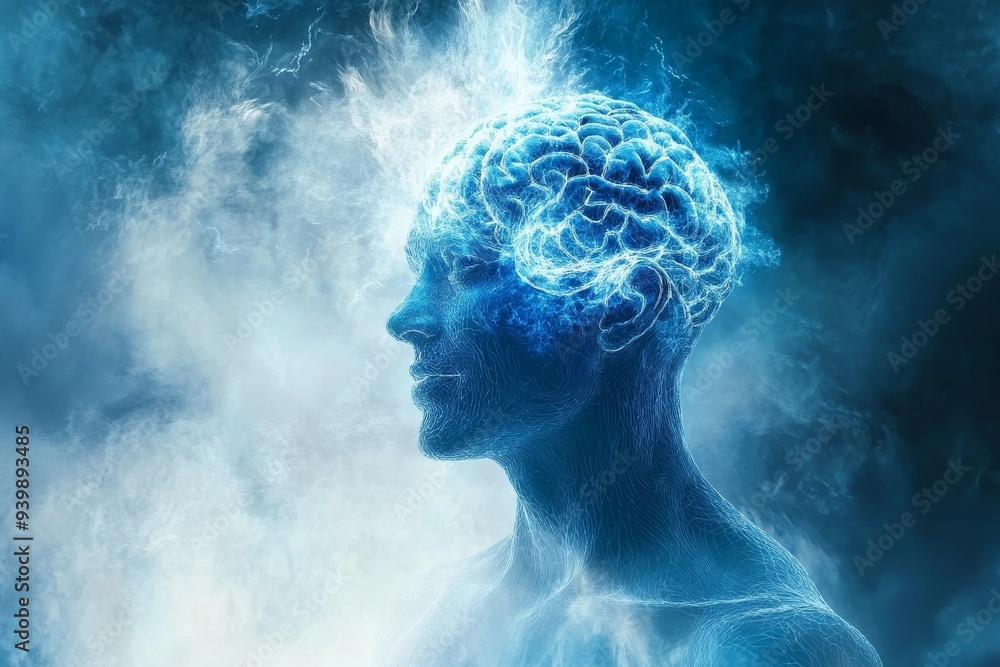 Blue toned silhouette of a man with a glowing brain in a foggy atmosphere symbolizing deep thought introspection and the enigmatic nature of the human mind Blue toned silhouette of a man with a glowing brain in a foggy atmosphere symbolizing deep thought introspection and the enigmatic nature of the human mind