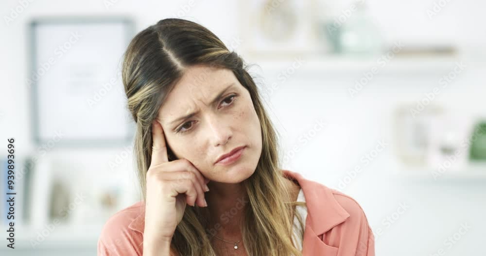 Woman, face and thinking for idea, solution or remember in planning, memory or reminder in living room at home. Portrait of female person deep in thought, wonder or contemplating situation at house Woman, face and thinking for idea, solution or remember in planning, memory or reminder in living room at home. Portrait of female person deep in thought, wonder or contemplating situation at house