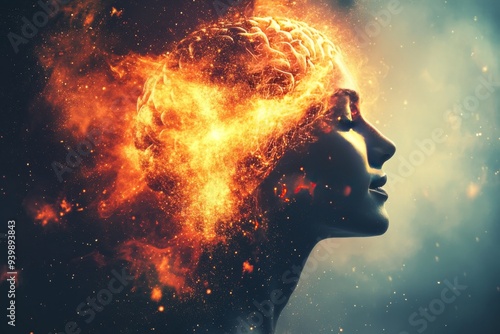 Side profile of a woman with an exploding fiery brain symbolizing the powerful burst of creativity innovation and intense thought processes occurring in the human mind