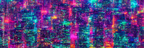 Futuristic night city with purple pink neon lights in pixel art retrowave style. Retro cityscape background with dithering effect. Vintage retro video game background. Vector illustration in 8-bit