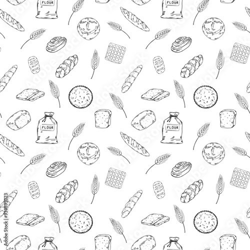 Bakery hadpainted illustrations seamless pattern black and white beige bag of flour, buns, beans, bread, bread, waffle, baguette, cafe, morning breakfast pastry, wheat ears, rye