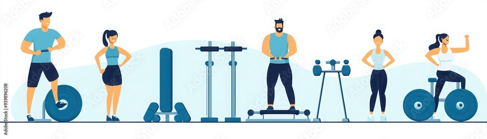 A diverse group of individuals engaged in various fitness activities with gym equipment, emphasizing health and active lifestyle. A diverse group of individuals engaged in various fitness activities with gym equipment, emphasizing health and active lifestyle.