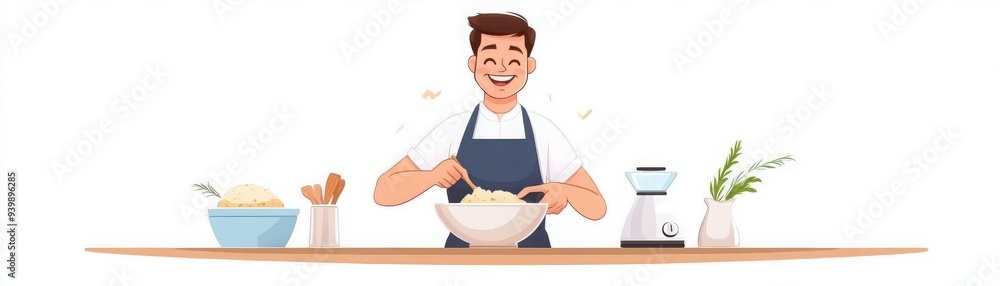 A cheerful chef mixing ingredients in a bowl, representing joy in cooking and culinary creativity in a bright kitchen setting. A cheerful chef mixing ingredients in a bowl, representing joy in cooking and culinary creativity in a bright kitchen setting.