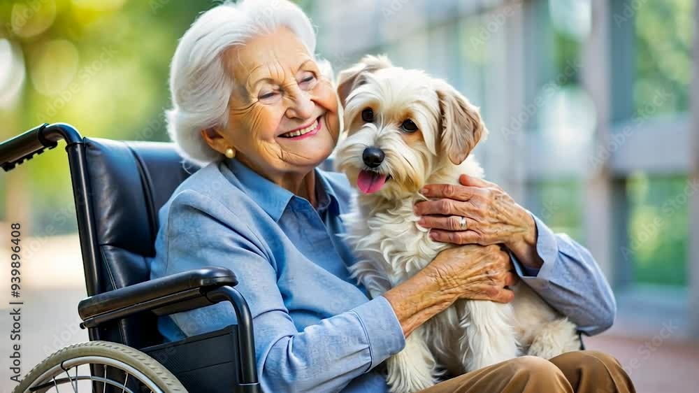 Senior woman in wheelchair with dog. Senior woman in wheelchair with dog.