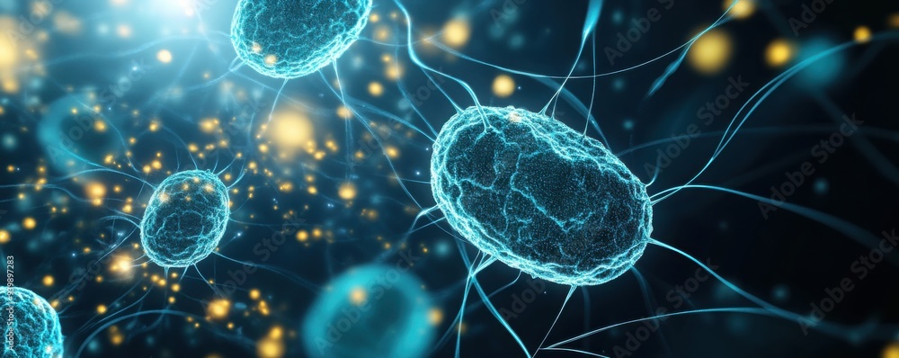 Close-up view of glowing microorganisms in a dynamic environment, showcasing the beauty of cellular life and its intricate structures. Close-up view of glowing microorganisms in a dynamic environment, showcasing the beauty of cellular life and its intricate structures.